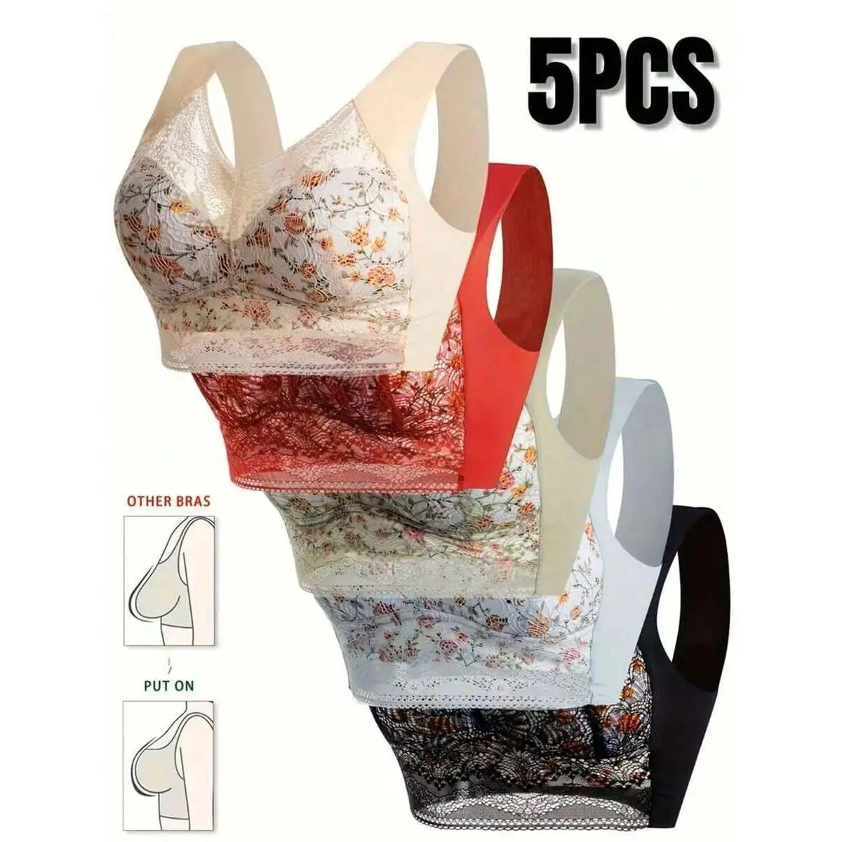 Women's 5-Piece Bralette Set, Multicolor Retro Floral Lace Wireless Push Up Lingerie with Breathable Full Coverage, Fits, Light, Push Up Bras For Women, Feminine Aesthetic