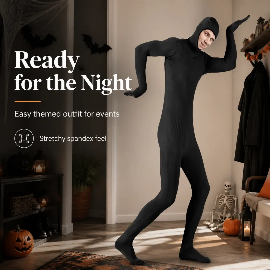 Men's Black Hooded Full Body Spandex Zentai Suit, Hand-Ft Integrated Stretch Skin-Tight Jumpsuit, Breathable Full-Coverage Costume for Halloween Invisible Man Cosplay, Themed Parties