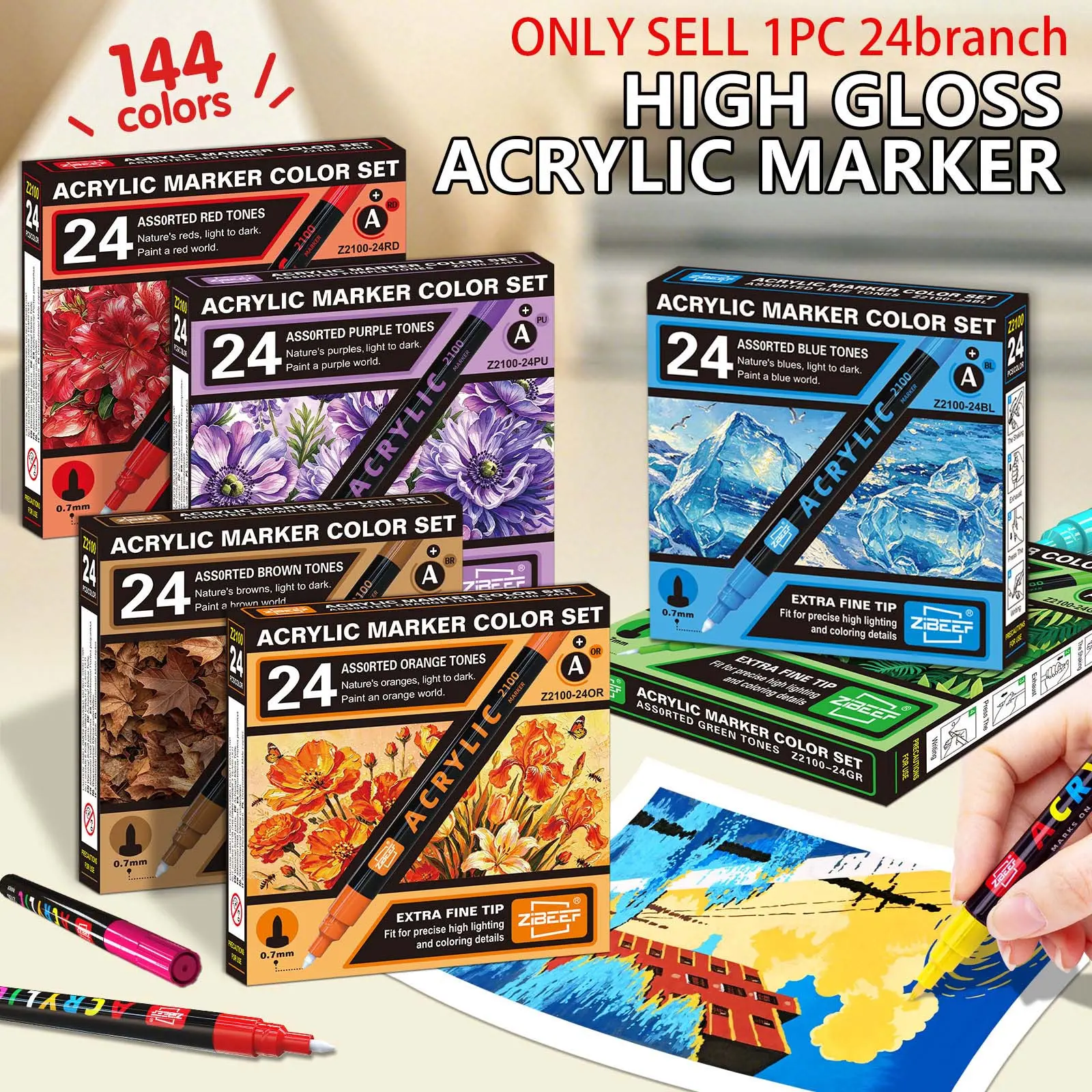 24 colors/box, Art Drawing Supplies, Acrylic Paint Marker, acrylic marker pens, 0.7mm drawing markers, smooth ink flow, color classification, stackable colors, strong coverage, felt-tipped pen set, suitable for canvas, rock art, wood, stone, glass