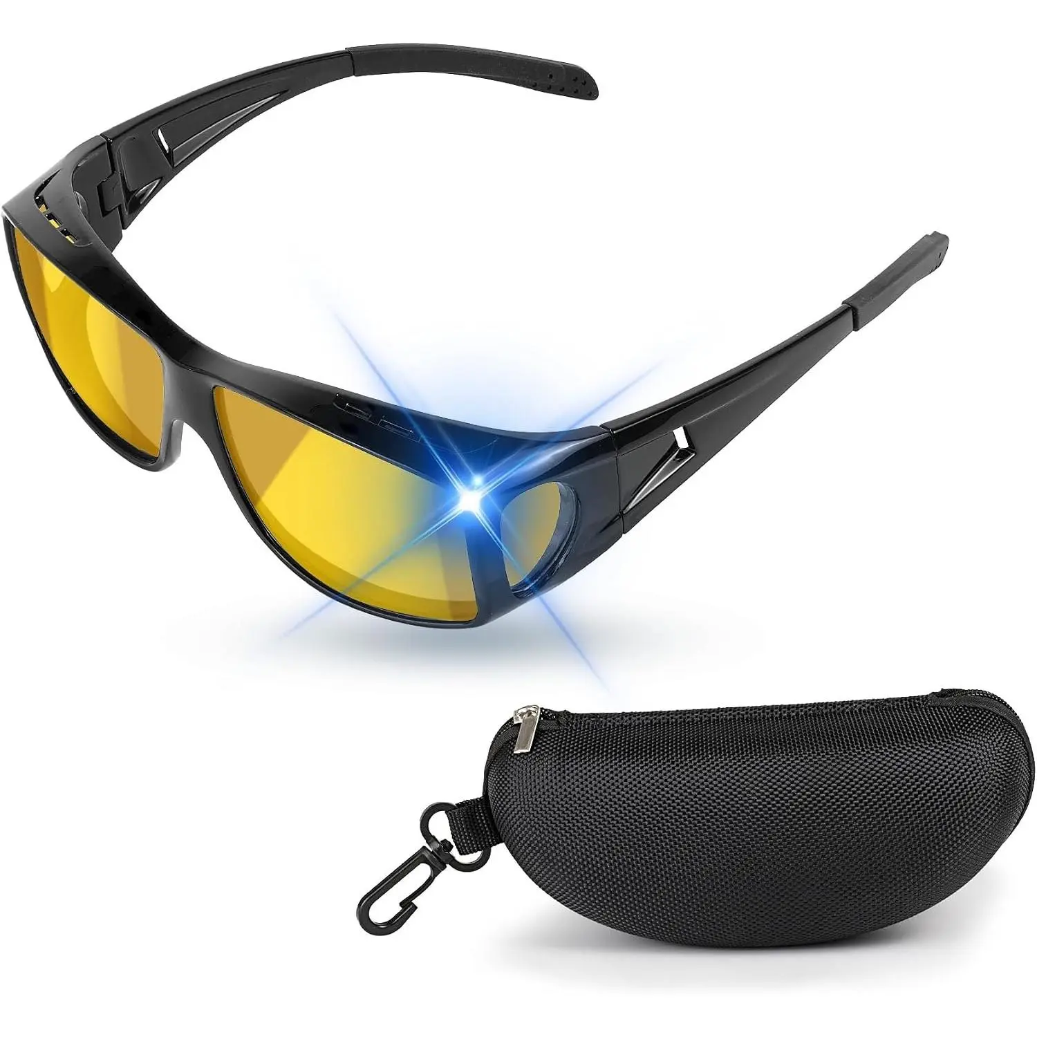 Night-Driving-Vision-Glasses Anti Glare for Men Women | Polarized,Night Vision Glasses for Driving, Night time, Fit Over Glasses,astigmatism,Yellow Lens,Shiny Black Frame