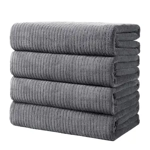 4 Pack Grey Striped Extra Large Bath Towels, 35.4"×70.9" Polyester XL Bath Towels, Highly Absorbent Quick Dry Oversized Beach Towels with Hanging Loop for Bathroom, Gym, Pool & Beach