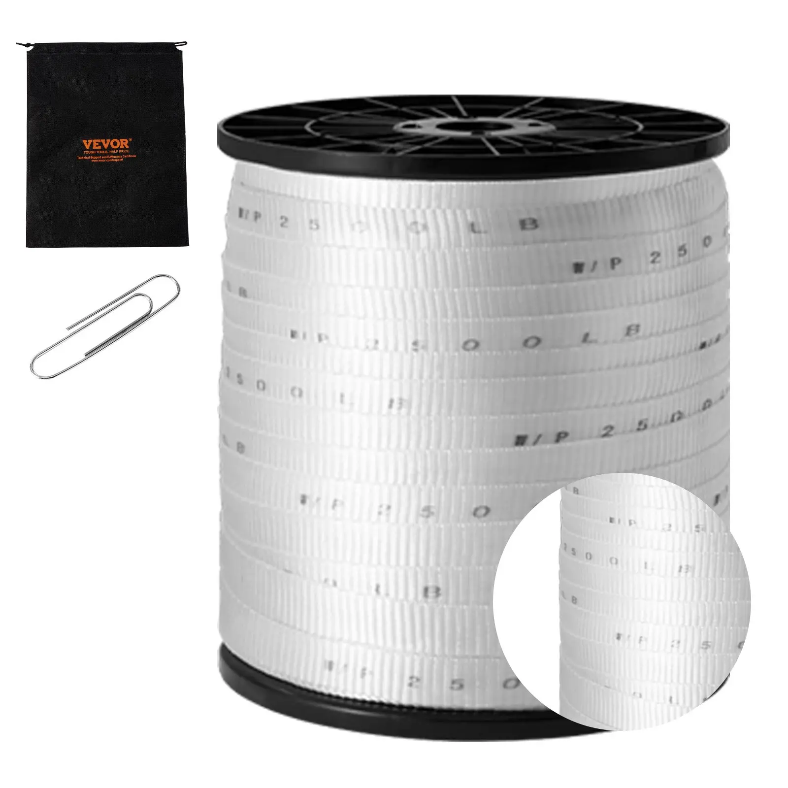 VEVOR Polyester Pull Tape, 3/4"x 528' Mule Tape Flat Rope, 2500 lbf Tensile Capacity, Printed Webbing Cable Pulling Tape for Packaging, Gardening, Commercial Electrical, Conduit Work, White
