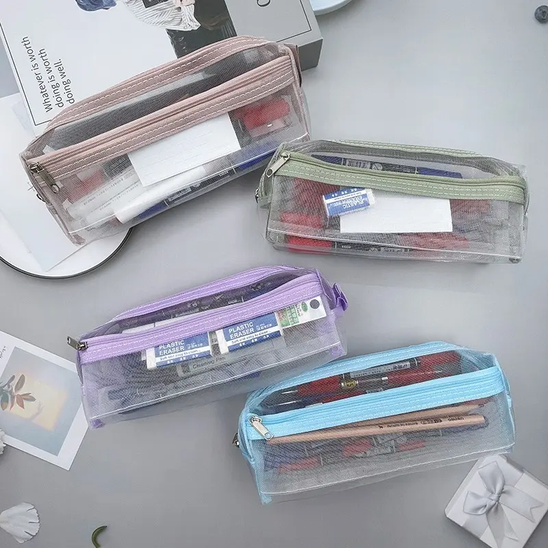 Double Layer Pen Bag with Zipper, Zipper Closure, Large Capacity Transparent Organizer, Cute and Practical School Supplies Storage, Stationery, Durable for Students, Nylon