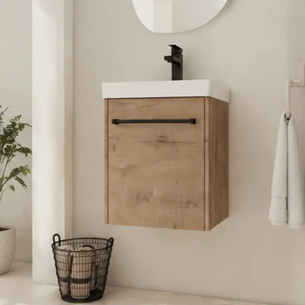 ARCH 18 Inch Floating Wall Mounted Bathroom Vanity Cabinet with Ceramic Sink, Soft-Close Door, Modern Wall-Hung Storage Cupboard for Small Bathroom, Powder Room, Compact Space-Saving Design, White Finish, Bathroom Furniture for Vanity Area