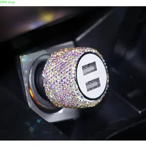 Bling Rhinestone Crystal Dual USB Fast Charging Car Charger - Cigarette Lighter Adapter, Compact Plug-and-Play, Universal Vehicle Phone Charger with Built-In Safety Hammer Emergency Escape Tool