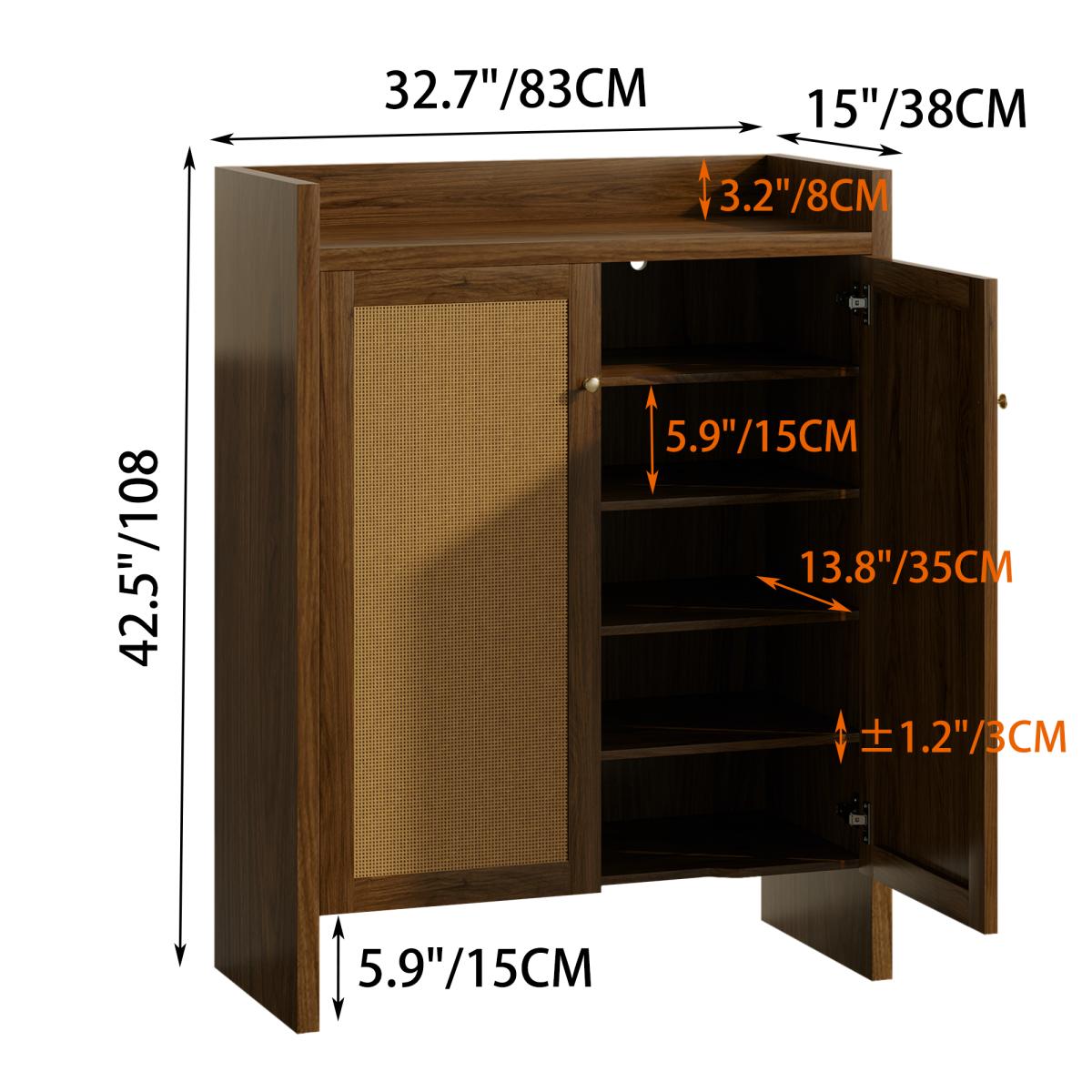 42.5" Tall Rattan Shoe Cabinet with Doors, 6-Tier Shoe Storage Cabinet with Adjustable Shelves, Wooden Freestanding Shoe Organizer Shoe Cabinet for Entryway,Hallway,Living Room (Walnut)