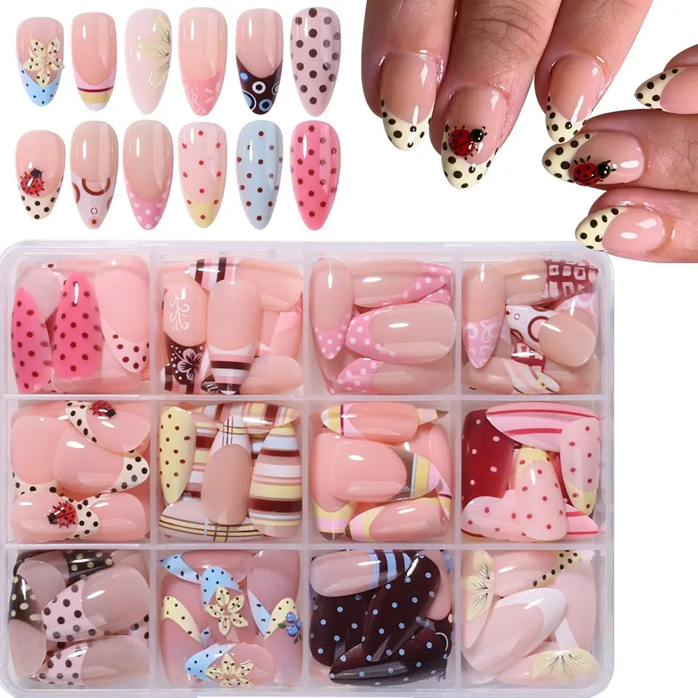 300pcs Long Almond French Press-On Nails, Polka Dot, Striped, Ladybug Design, Acrylic Set, Summer Nail Art, 12 Mixed Styles