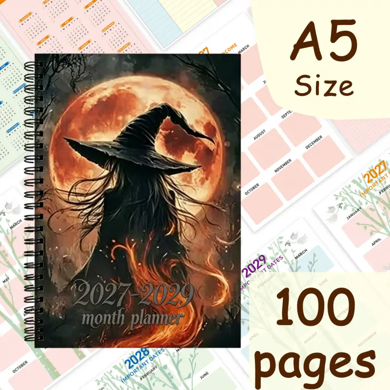 Dark Flame Blood Moon Witch 2027-2029 Monthly Plan Book - High Appearance Level Coil Notebook - Gothic Style Daily Planner Notebook, including reminders for important festivals