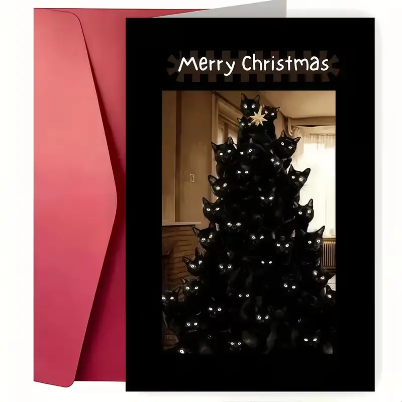 Funny Black Cat Christmas Tree Christmas Greeting Card With Matching Envelope, Stacked Black Cats Meme Blank Note Card, Merry Christmas Humorous Holiday Card For Cat Lovers