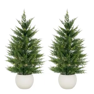 3FT Artificial Cedar Topiary Tree, 2 PCS Fake Cypress Potted Greenery, Faux Evergreen Shrubs For Front Door Living Room Decor, Housewarming Gift
