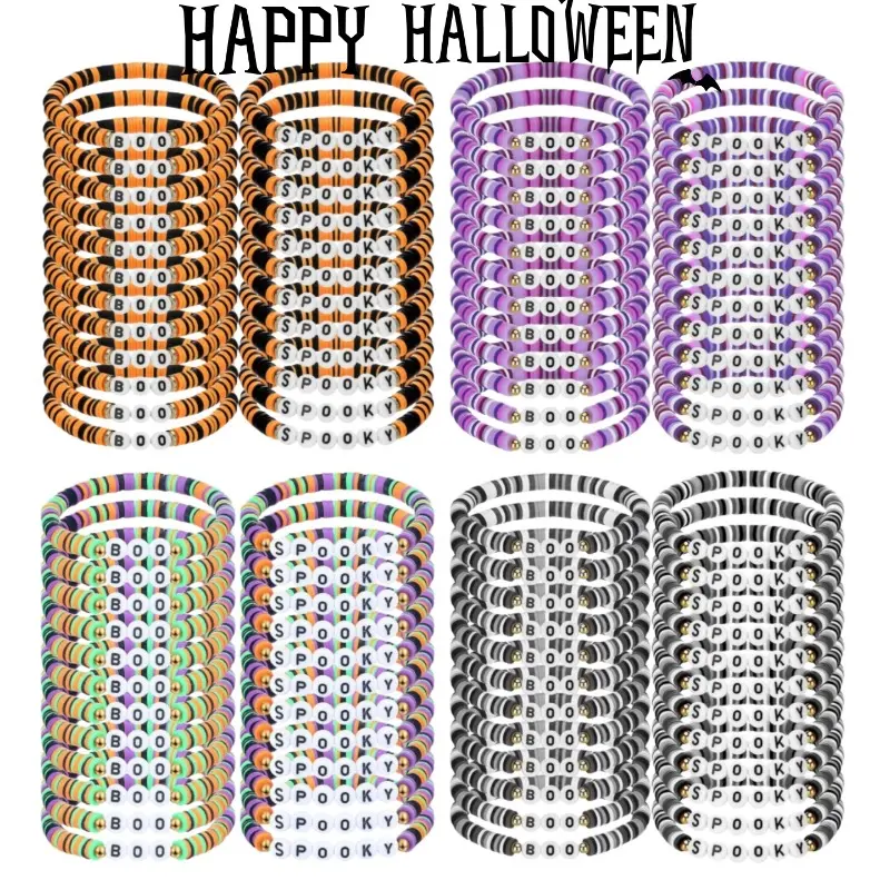 24pcs Spooky Theme Halloween Bracelets - Polymer Clay Beaded Circle Stretch Bracelets, Boho Lettering Casual Costume Jewelry for Women, Halloween Party Favors (Orange & Black), Unisex Wear, Halloween Aesthetic