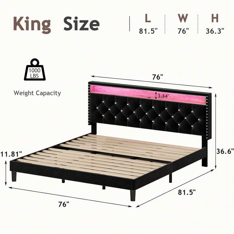 LED Bed Frame With Storage Shelf Headboard, Velvet Upholstered Bed Frame With Charging Station, Modern Bed Frame With Diamond Tufted Headboard, No Box Spring Needed, White/ Black, Full/ Queen/ King  (USB LED Strip)