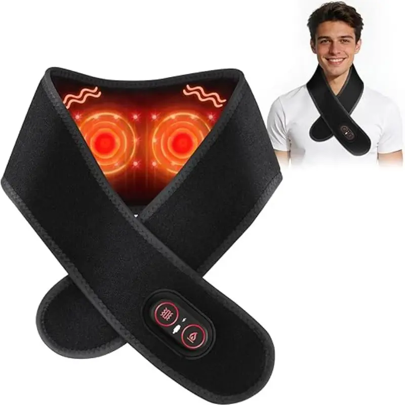 Neck Heating Pad for Pain - Heated Neck Wrap with Electric Massager, Cordless Heating Pad for Neck with 660nm & 850nm Red Light, Heated Neck Brace, 3000mAh, 3 Levels Heat & Massage