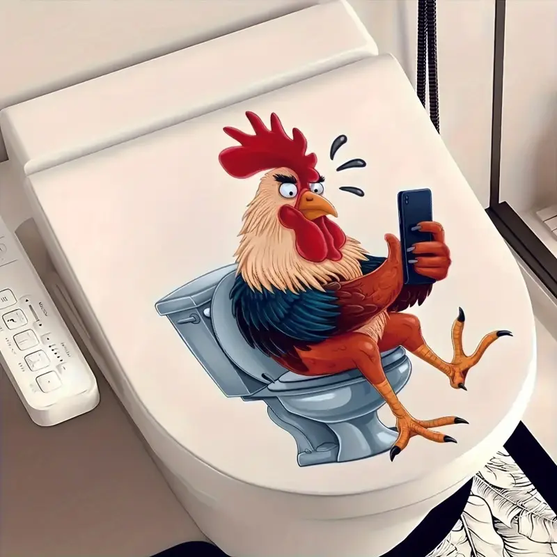 Funny Rooster Phone Toilet Lid Decal, Self Adhesive Reusable Bathroom Wall Sticker, Multi-scene Decor For Fridge And Smooth Hard Surfaces, Waterproof Removable No Residue Humorous Home Decor Sticker, Funny Rooster Playing Phone Stickers
