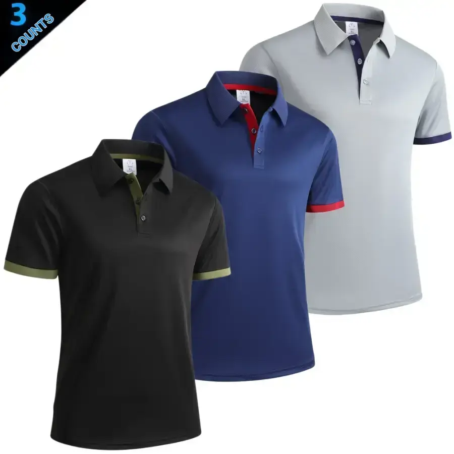 Men's 3-Pack Dry Fit Polo Shirts - Turn-Down Collar, Colorblock, Polyester, Quick-Dry Short Sleeve, Contrast Cuff Piping, Button Front Casual Sportswear for Versatile Wear