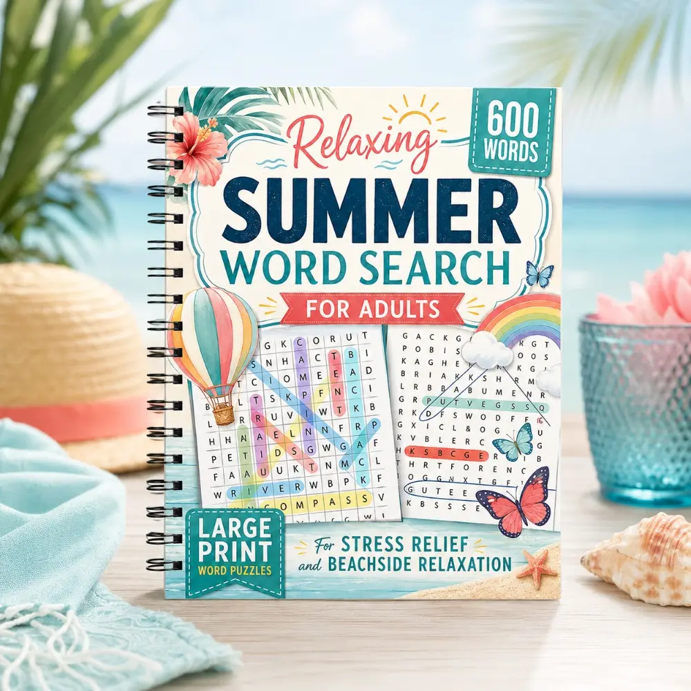 Relaxing Summer Word Search for Adults: Large Print Summer Themed Word Find Puzzle Book with 600 Words, Stress Relief Fun Beachside Activity for Seniors & Adults