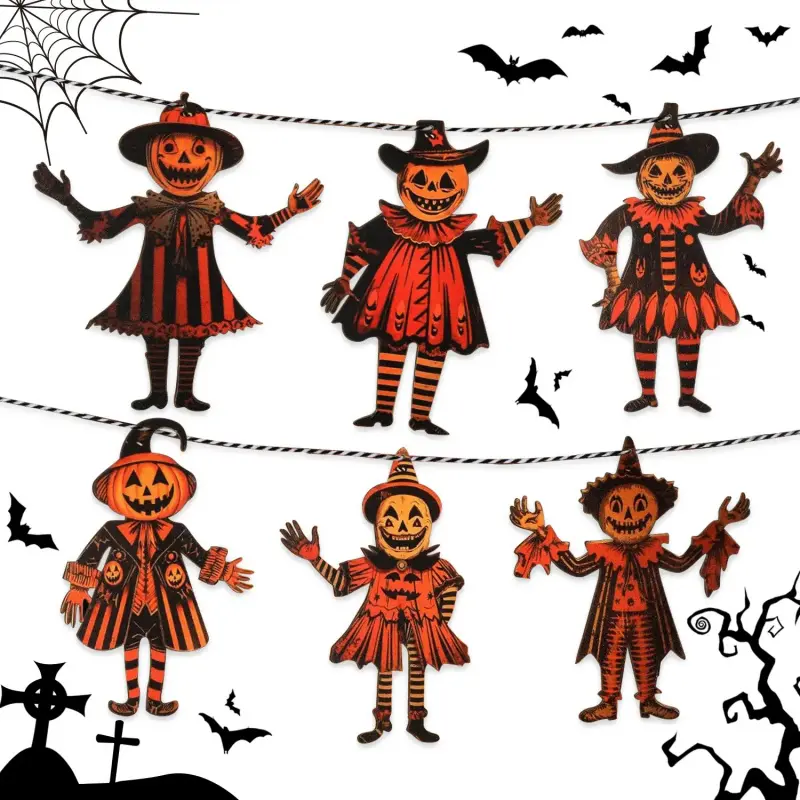 6PCS Halloween Vintage Wooden Garland Set - 5.9in Spooky Tall Pumpkin Hanging Decorations, Decorative Banner, Photo Backdrops for Halloween Party Wall Decor, Home Party Decorations, Festival Decorations