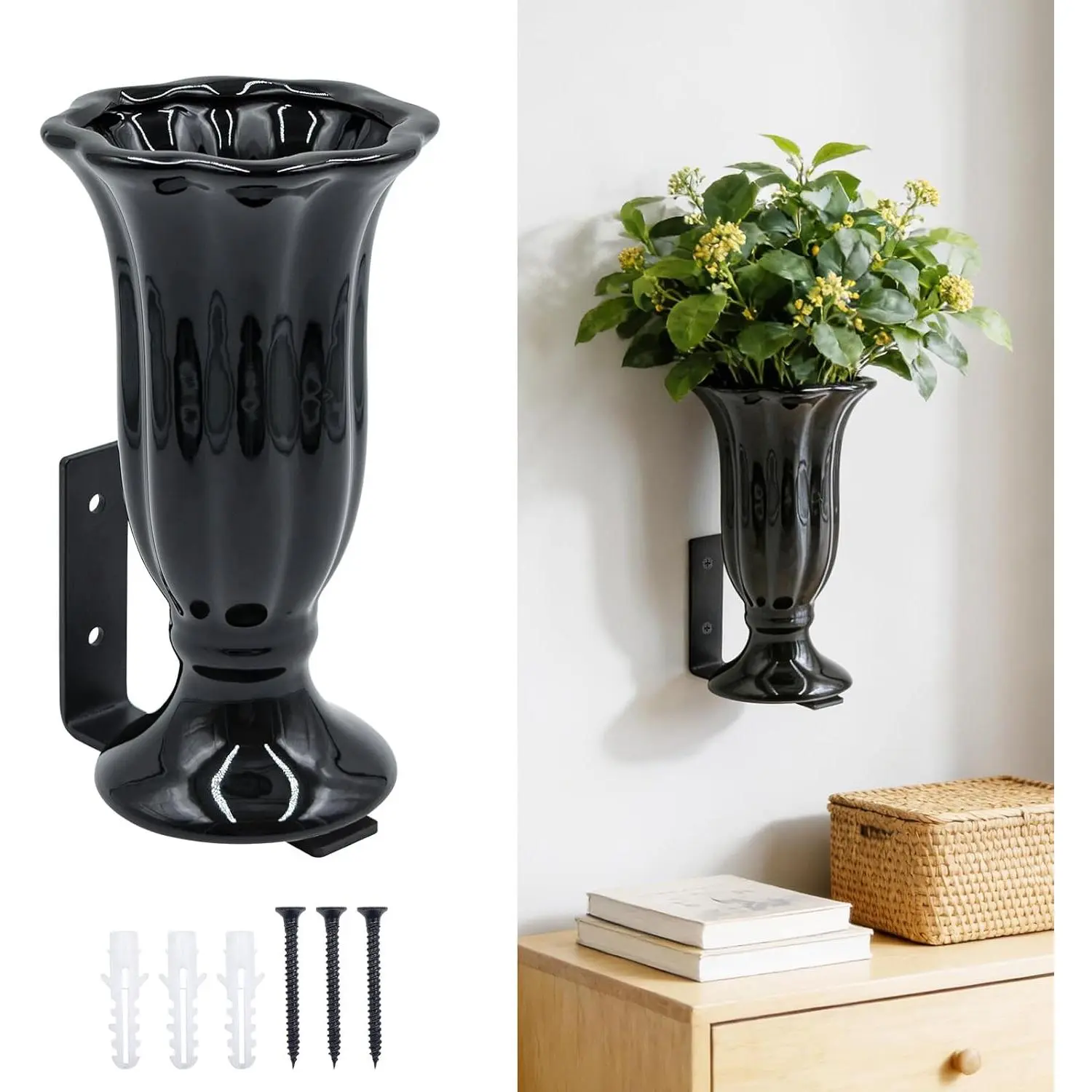 Industrial Matte Black Ceramic Floating Wall Vase Set - L-Shaped Metal Bracket, Minimalist Wall-Mounted Planter for Floral Displays, Gift for Home Decor (Living Room, Bedroom) - Fits Fresh/Artificial Flowers Vases, Decorative Metal Vases