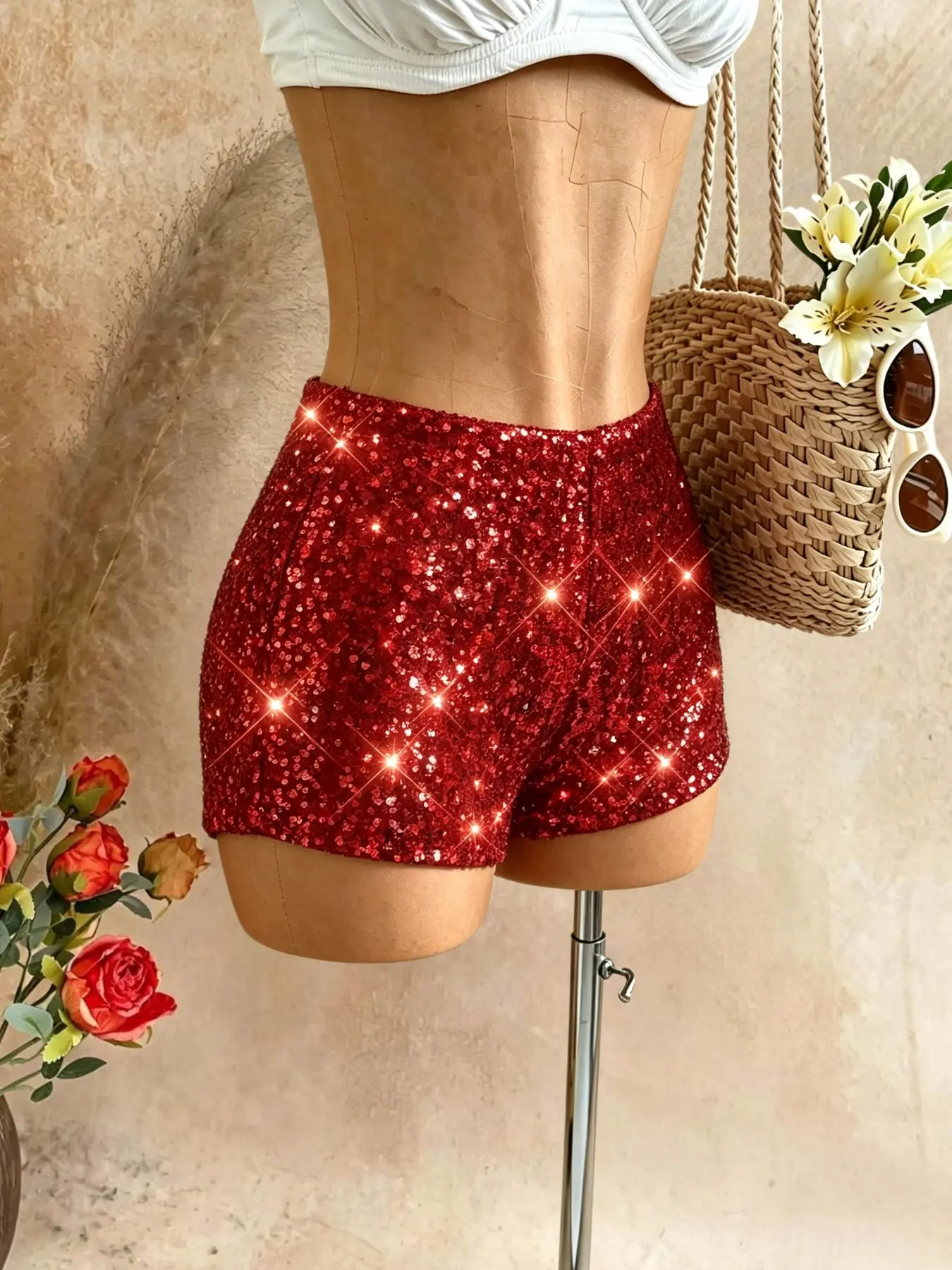 Women's Solid Color Sequin High Waist Tight Short Pants, Elastic Slimming Butt Lifting Super Short Hot Pants, Party Stage Nightclub Flashy Sexy Bottoms