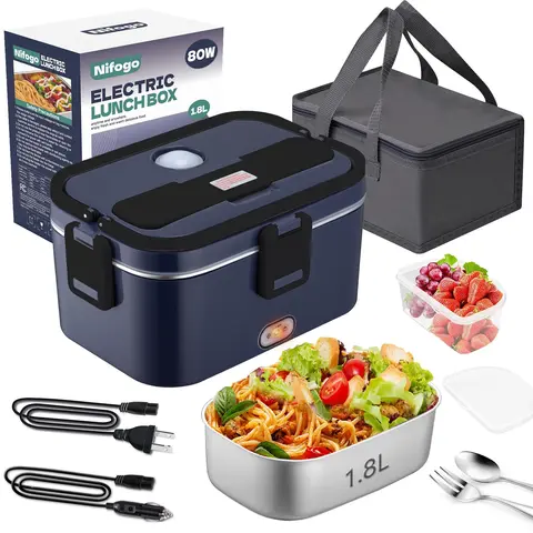 BPA-Free Insulated Reusable Electric Boxed Lunch Box for Adults, Tableware Set Included, 80W Fast Heating, 1.8L 304 Stainless Steel, 110V-12V-24V Multi-Voltage for Car/Home, Spill-Proof Lid, Fork & Spoon, Storage Bag, Fathersdaygift