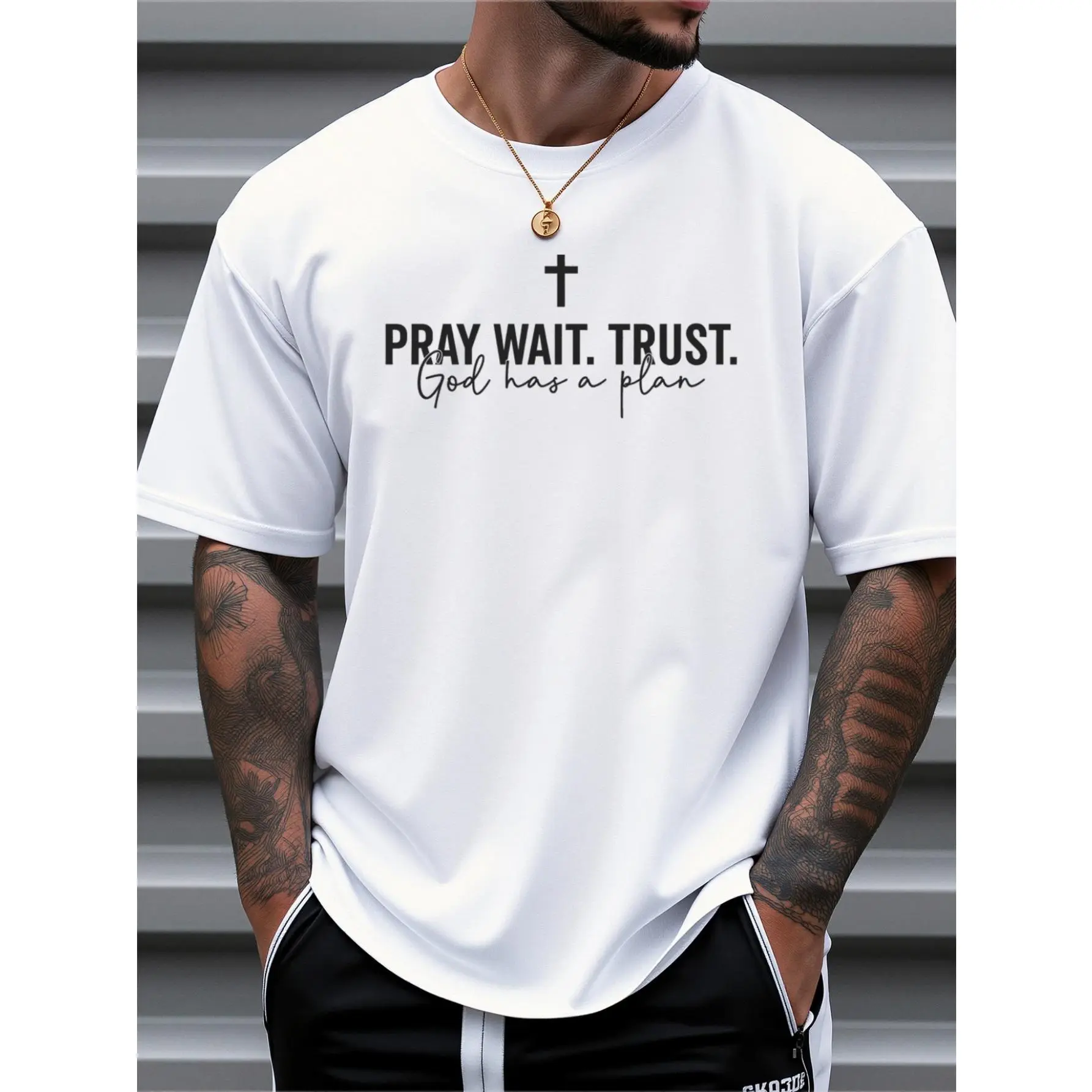 Men's 100% Cotton Thin Baggy Christian Faith T-Shirt - Pray Wait Trust God Has A Plan Inspirational Minimal Cross Streetwear Casual Top, Black, Tshirt