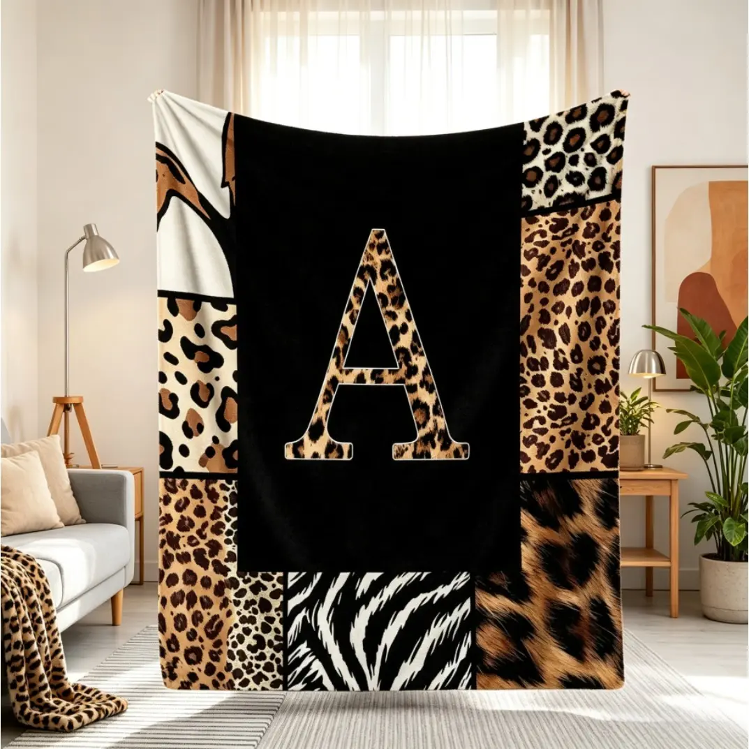 Leopard Letter A-Z Throw Blanket, Black Brown African Wildlife Flannel Blanket, Cheetah Zebra Skin Print Bed Blanket, Soft Cozy Fleece Blanket for Living Room Couch Bedroom, Animal Print Decor Blanket for Women Men Adults Kids