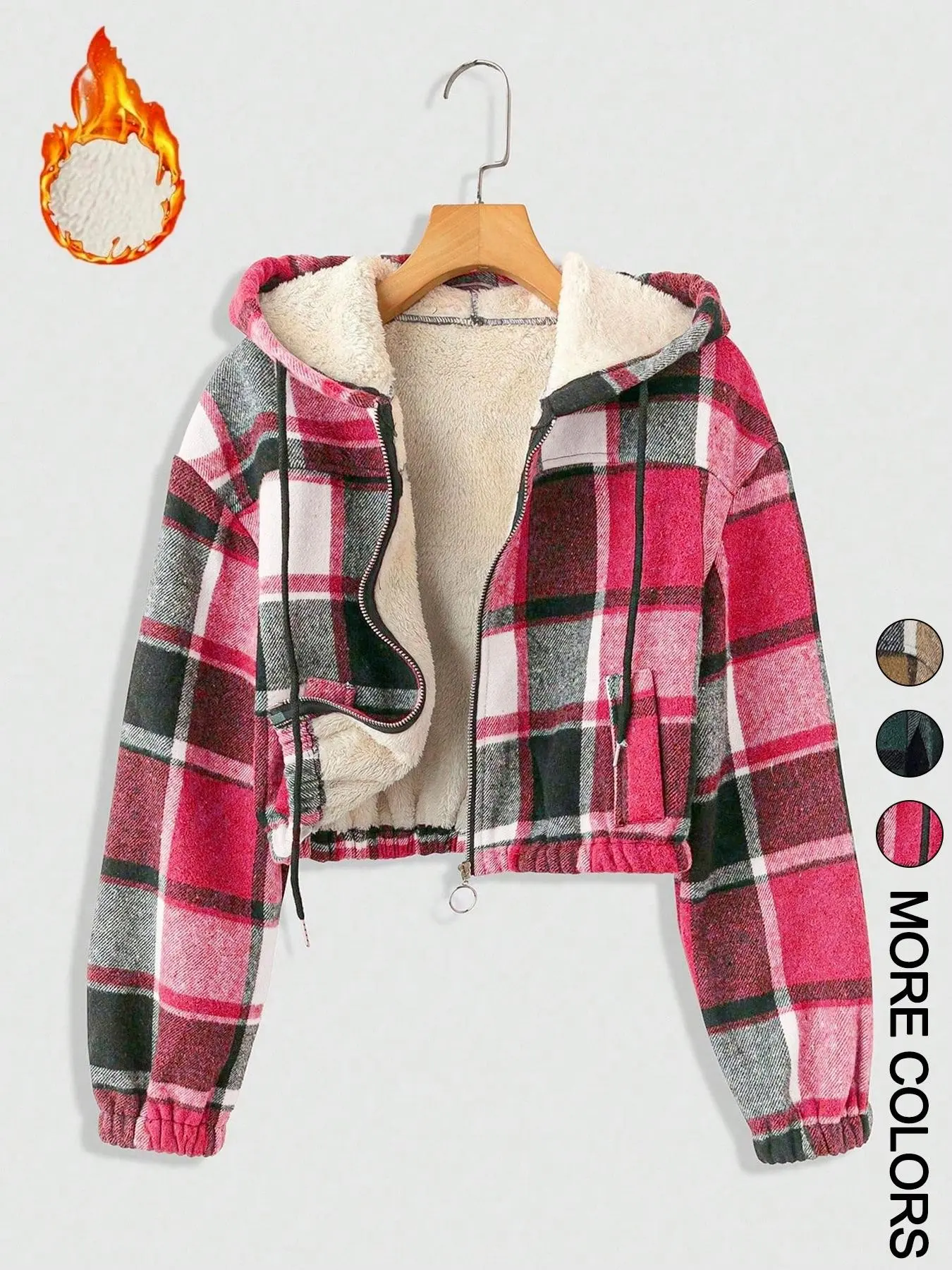 Women's Plaid Print Hooded Zipper Warm Lined Short Jacket Coats, Long Sleeve, Casual Outerwear, Fall & Winter Fashion, Comfortable Fit