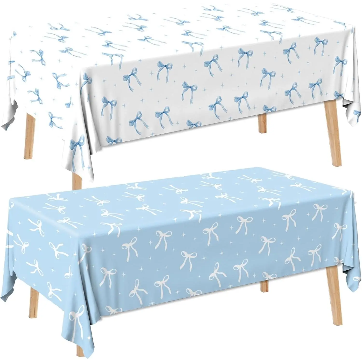 2Pcs Blue Bow Theme Plastic Rectangle Tablecloth for Coquette Birthday, Bachelorette, Baby Shower Girls Party Decorations