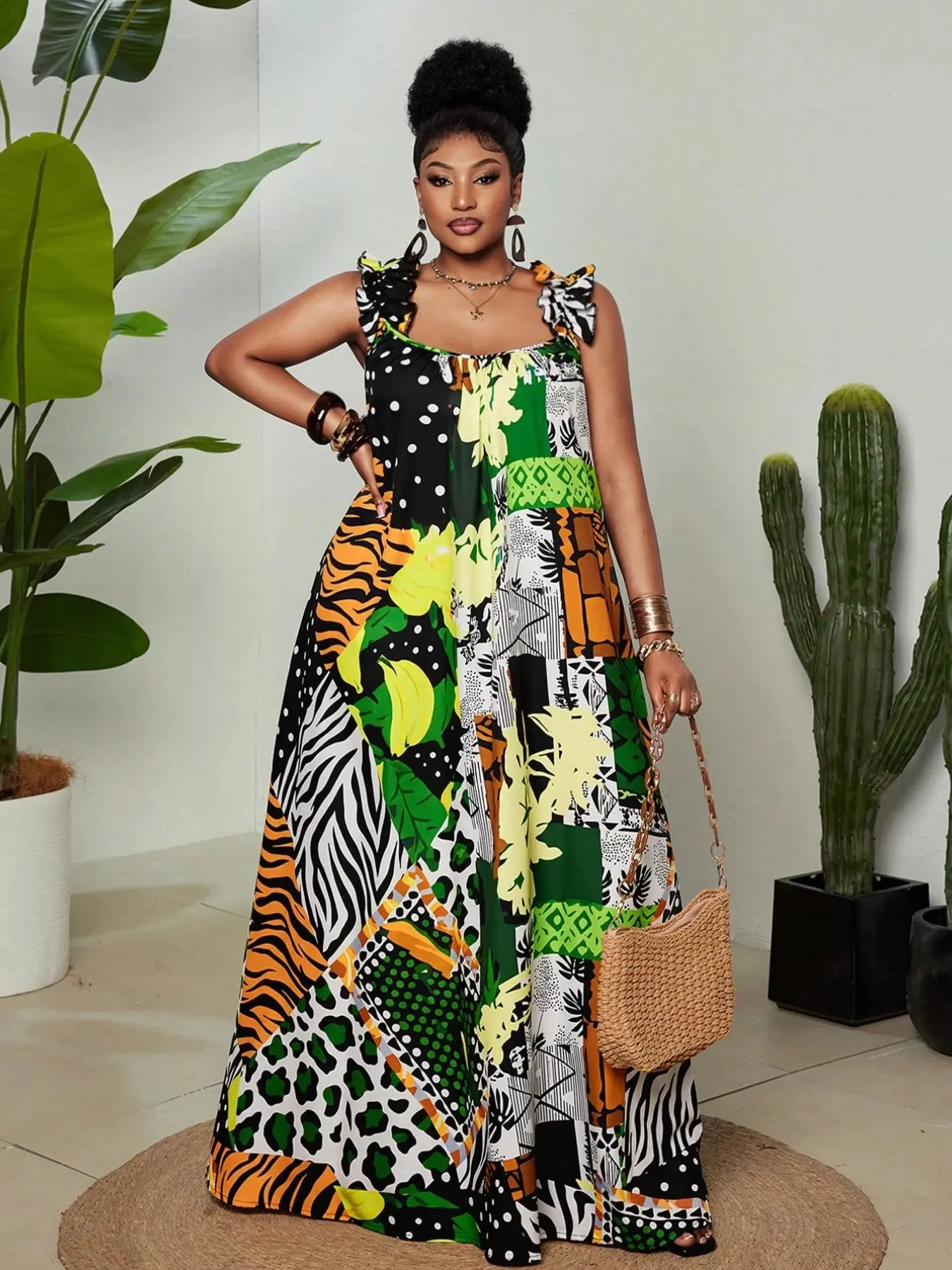 Plus Size Women's and Contrasting Print Summer Boho Dress, Colorful Asymmetric Ruffle Edge Suspender Tropical Long Dress, Bohemian