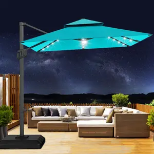 10 ft Cantilever Roman Umbrella with Solar LED Lights - 360° Rotation Offset Umbrella, UV50+ Polyester Fabric, Wind-Resistant Vented Canopy, Outdoor Shade for Backyard/Poolside/Deck