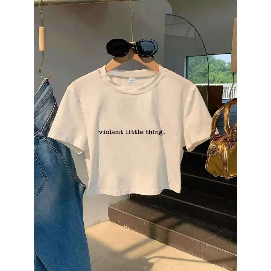 Violent Little Thing Graphic White Crop Top Y2k Casual Short Sleeve Tee Soft Cotton Summer Streetwear Tops For Women Daily Outfit Vacation Cute Aesthetic Basic Shirt