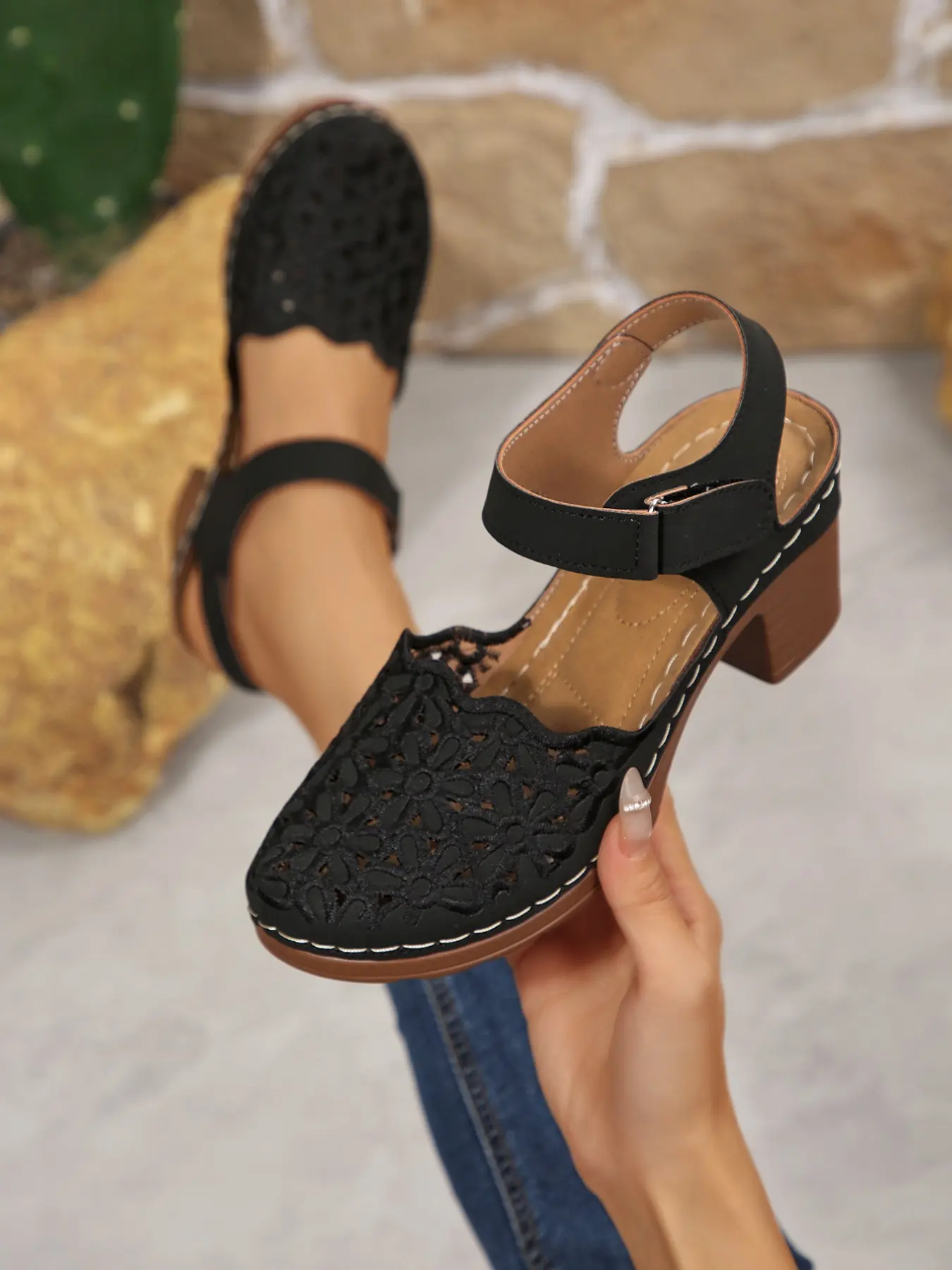 Boho Hollow Out Chunky Heel Sandals, Adjustable Strap Closed-Toe Mules, Comfortable Summer Women's Shoes, Sizes 36-43, Ankle Strap Sandal, Bohemian Trendy Sandals, Boho Casual Sandals, Trendy Casual Footwear