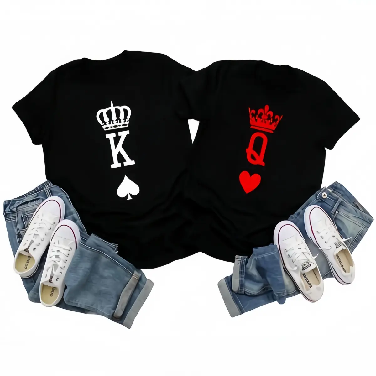 King Spade Queen Heart Crown Matching Couple Short Sleeve T-Shirt Set