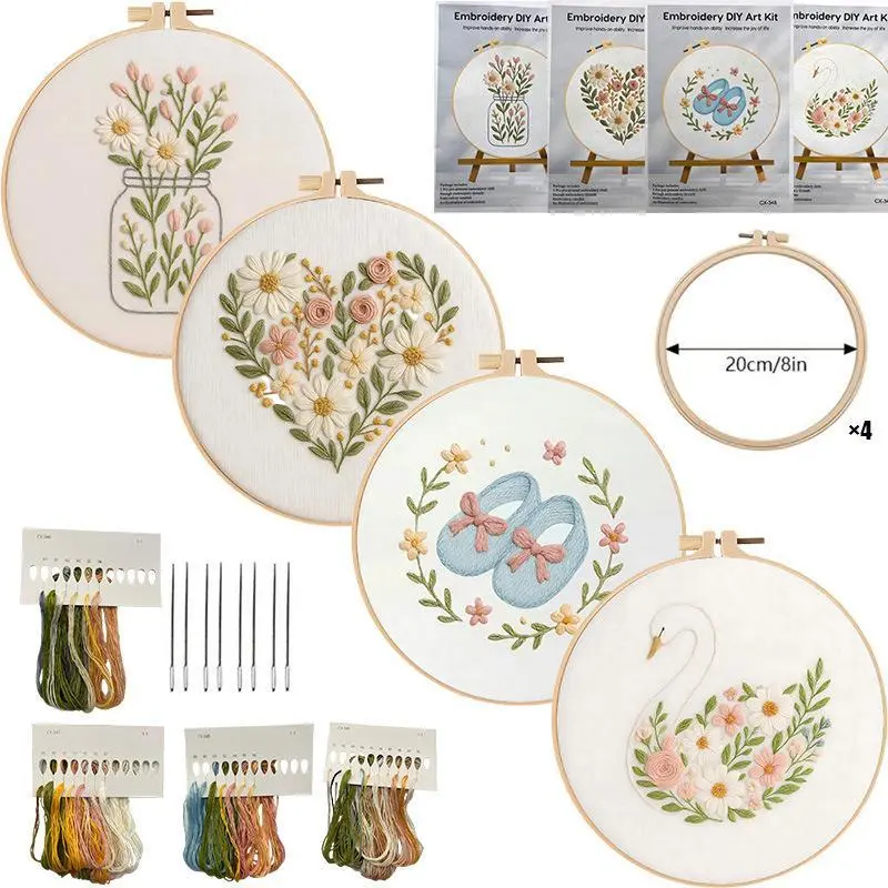 Floral Embroidery Kit for Beginners and Adults, DIY Stitching Craft on Fabric with English Guide, Handmade Art Project for Home Decoration