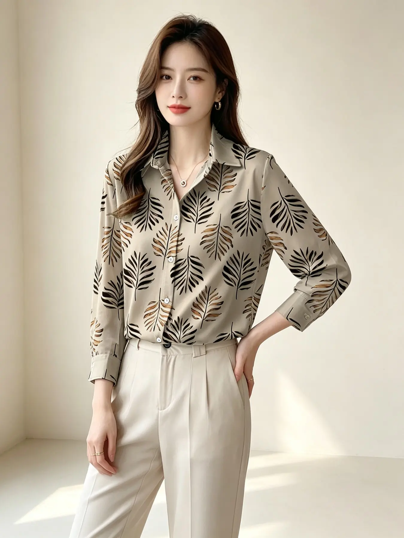 New Women's Morandi Light Gradient Leaf Full Print Blouse, Simple High-End Spring Autumn Office Casual Long Sleeve Shirt
