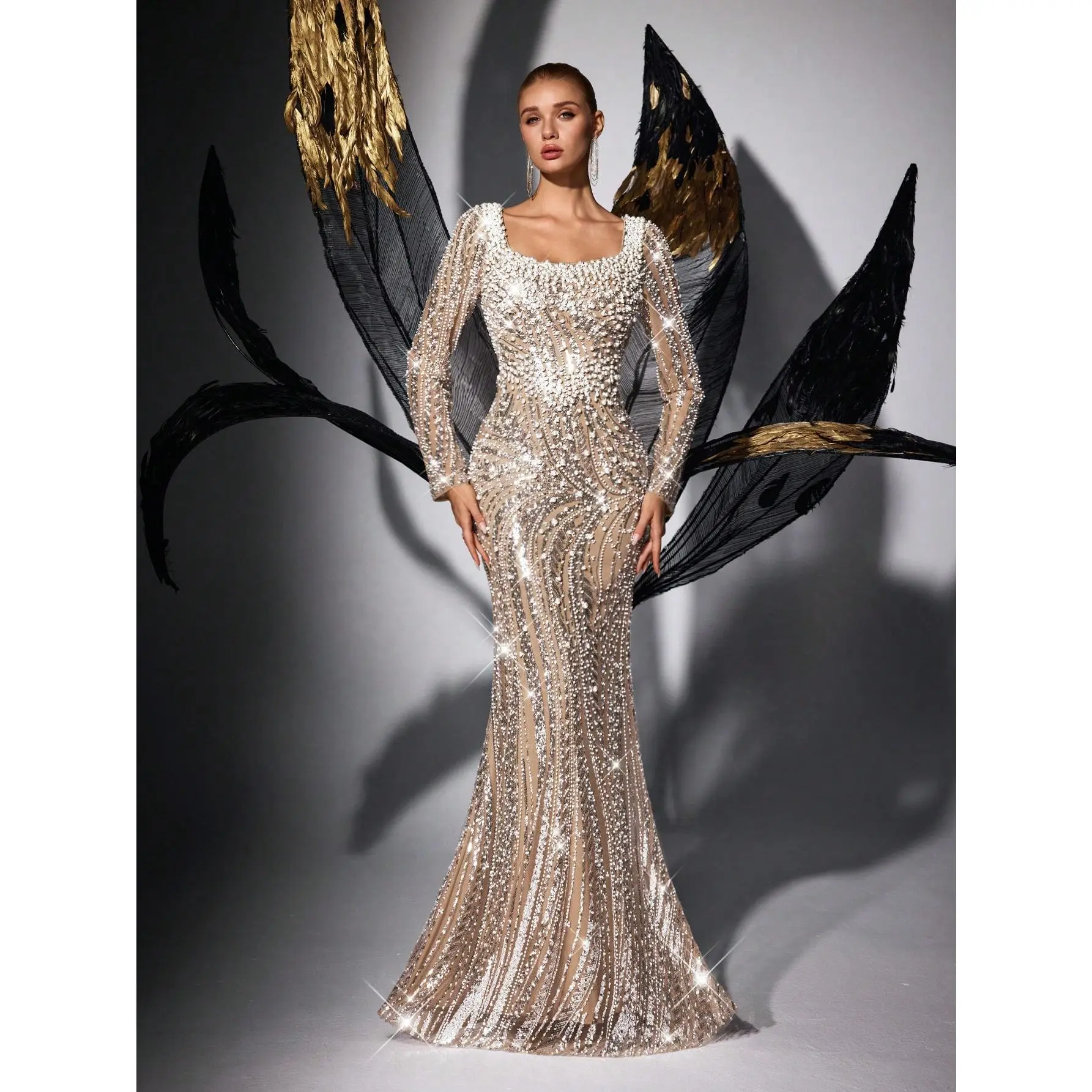 Ruched Diagonal One Shoulder Front High Slit Gradient Dot Rhinestone Mermaid Gown, Thin Mesh Floor Formal Dress For Outdoor Garden Dinner Events