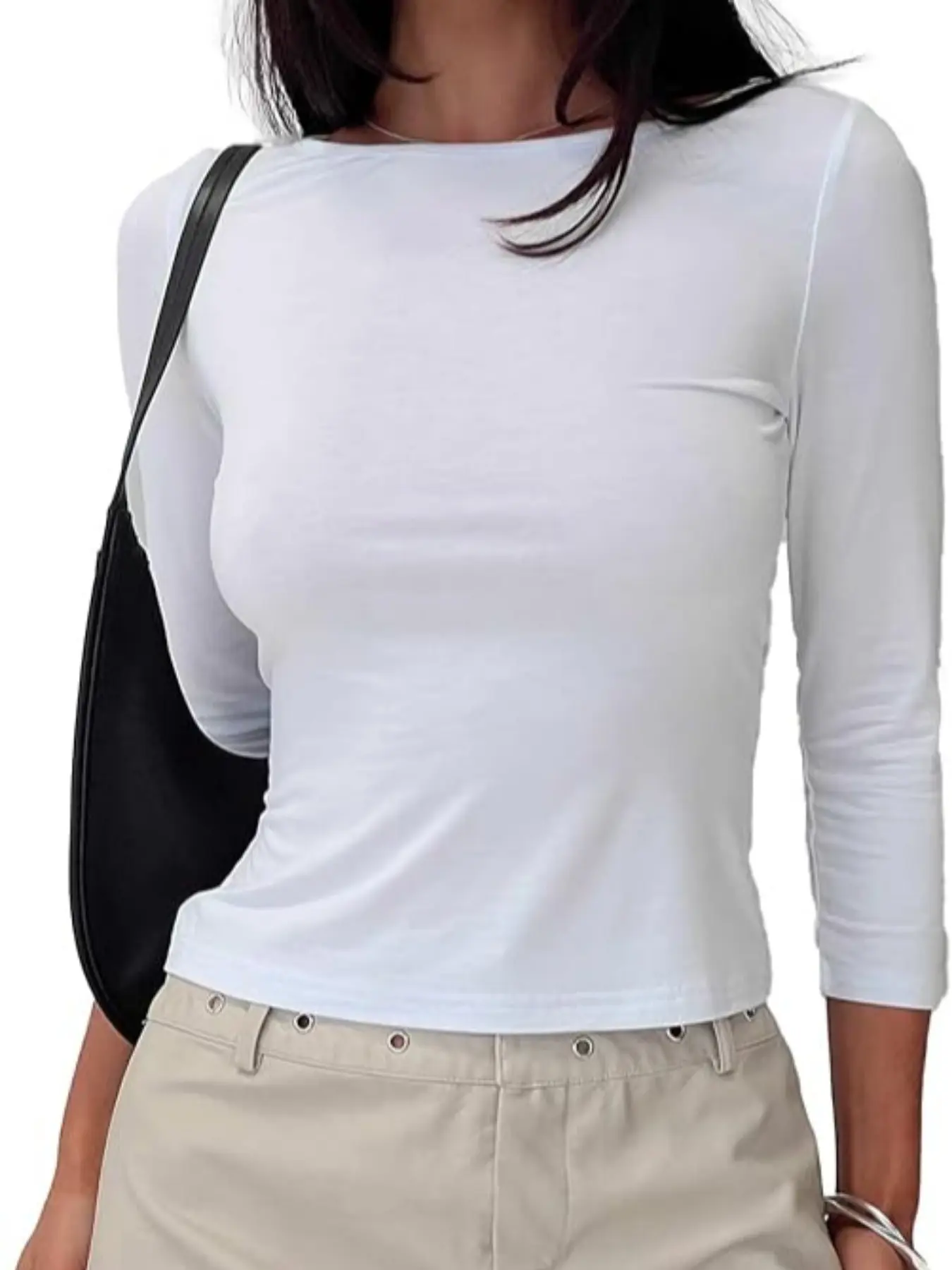 Boat Neck Three-Quarter Sleeve Top, Slim Fit Short Tee, Simple Basic Top, Daily Casual T-Shirt, Layered Wearable Top