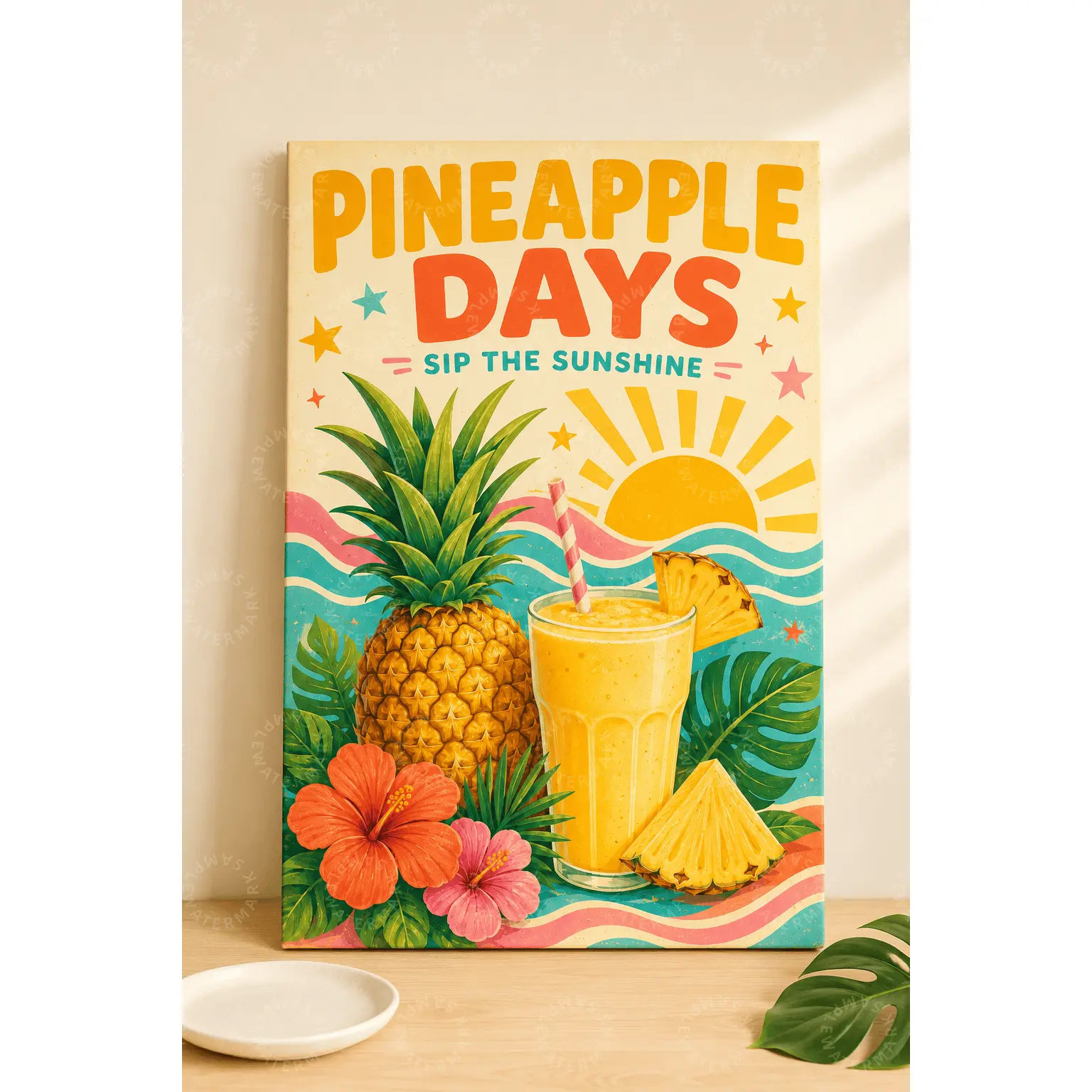Pineapple Days Tropical Canvas Wall Art, Bright Summer Fruit Poster, Kitchen Decor, Dining Room Wall Art, Beachy Aesthetic Poster, Bedroom Living Room Decor, Gift for Fruit Lovers