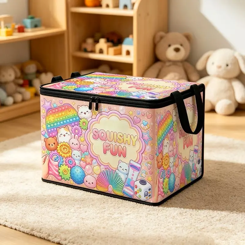 Multicolor Stress Relief Toy Storage Box, Squishy Soft Cute Design, Zipper Flip Cover Foldable Fabric Organizer, Large Capacity Home Storage Bin