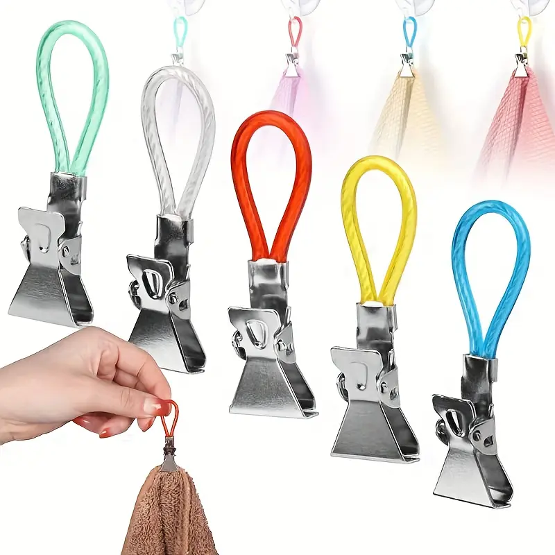 1 Set Stainless Steel Towel Clips (5pcs)/ Multi-functional Colorful Durable Wall-mounted / for Kitchen Bathroom Home Organization / Easy Install Various Colors Tool-free