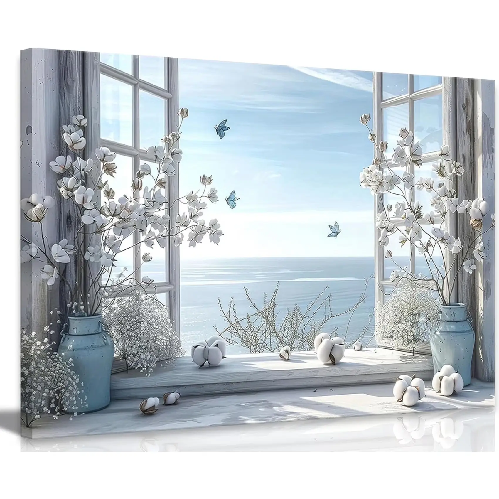 Coastal Flower Bathroom Canvas Wall Art Farmhouse Cotton Bouquet and Butterfly Bathroom on Window Wall Decor Rustic Blue Beach Butterfly Poster Print for Living Room Bedroom Restroom Home Decoration