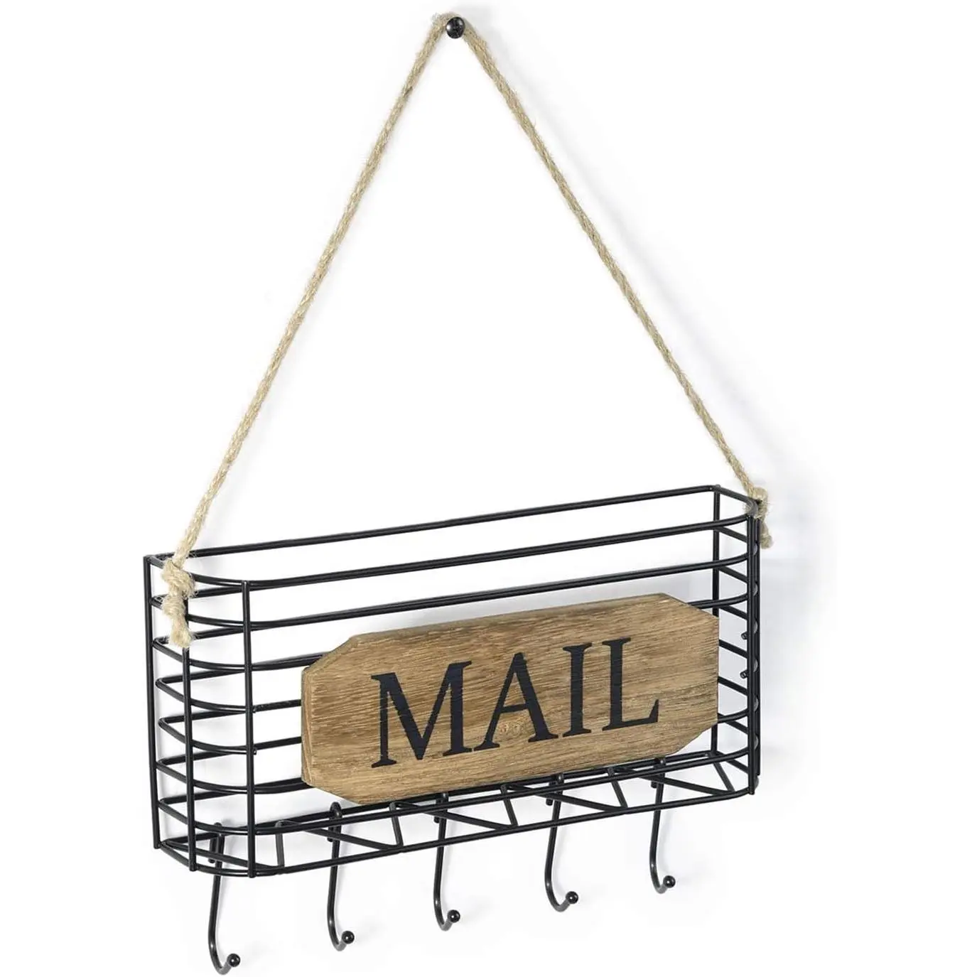 Mail Organizer Wall Mount, 5 Key Hooks, Small, Carbonized Black | Rustic Mail & Key Holder for Wall,  Mail Sorter, Letter Basket for Receipts Bills Envelopes,  & Office Organizer