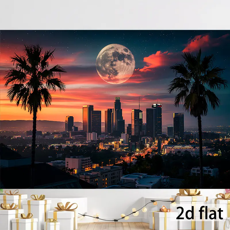 1-Piece Modern 2D Flat Print Los Angeles Downtown Skyline Tapestry - Rectangular Cityscape Wall Hanging Cloth with Full Moon, Palm Tree, Sunset Twilight Night Decor for Living Room, Photography Backdrop, Modern Decor, One-Piece