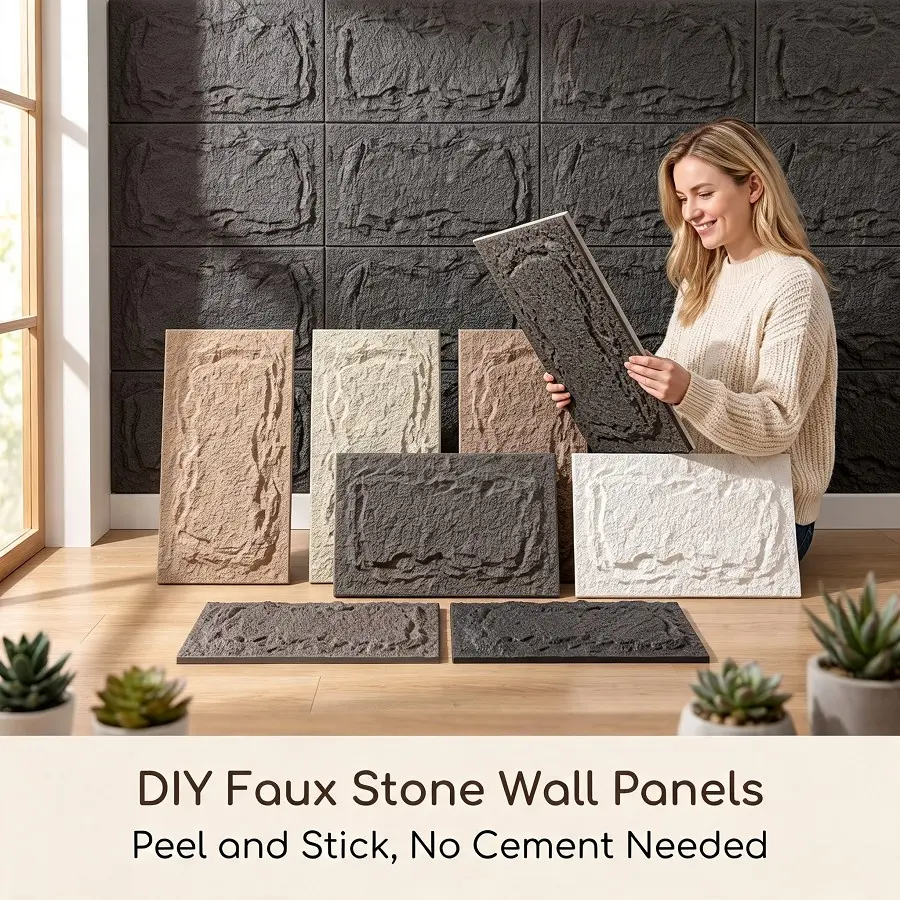 Self-Adhesive PU Faux Stone Wall Panels Peel And Stick, 25x45cm, 2cm Thick, 8 Styles, DIY Decor for TV Background, Bedroom, Shop, Free Nano-Tape Included