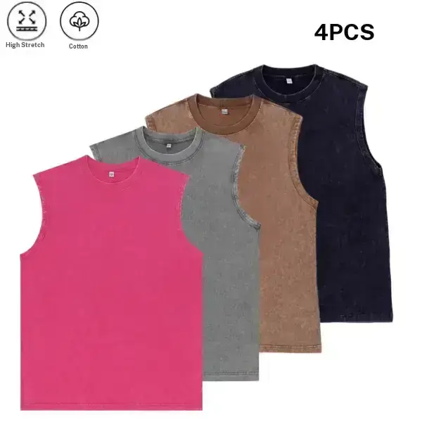 Men's 4-Pack Pure Cotton Sleeveless Tank Tops - Menswear, Sleeveless High Elasticity, Breathable, American Street Style, Distressed Washed, Skin-Friendly, Ideal for Gym Workouts, Everyday Casual Wear, Versatile Basic Vest