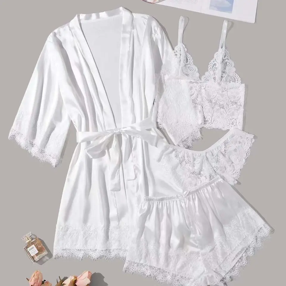 Women’s 4-Piece Satin Pajama Set, Elegant Lace Cami Sleepwear with Robe and Shorts, Soft Silky Loungewear Set for Home Relaxing, Bedroom, Sleeping, Vacation, Honeymoon and Daily Wear