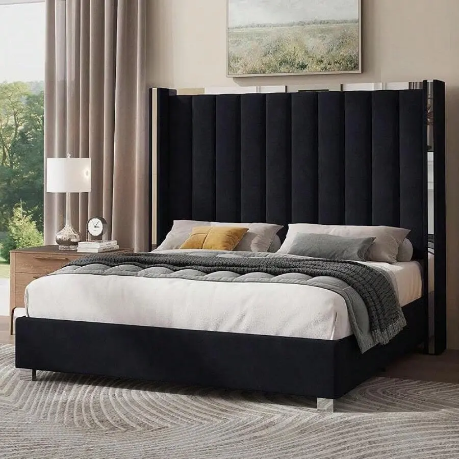 Queen King Size Luxury Velvet Upholstered Bed Frame With Tall Channel Tufted Wingback Headboard, Elegant Plating Trim And Designer Platform Style, Purple, Green, Cream, Black