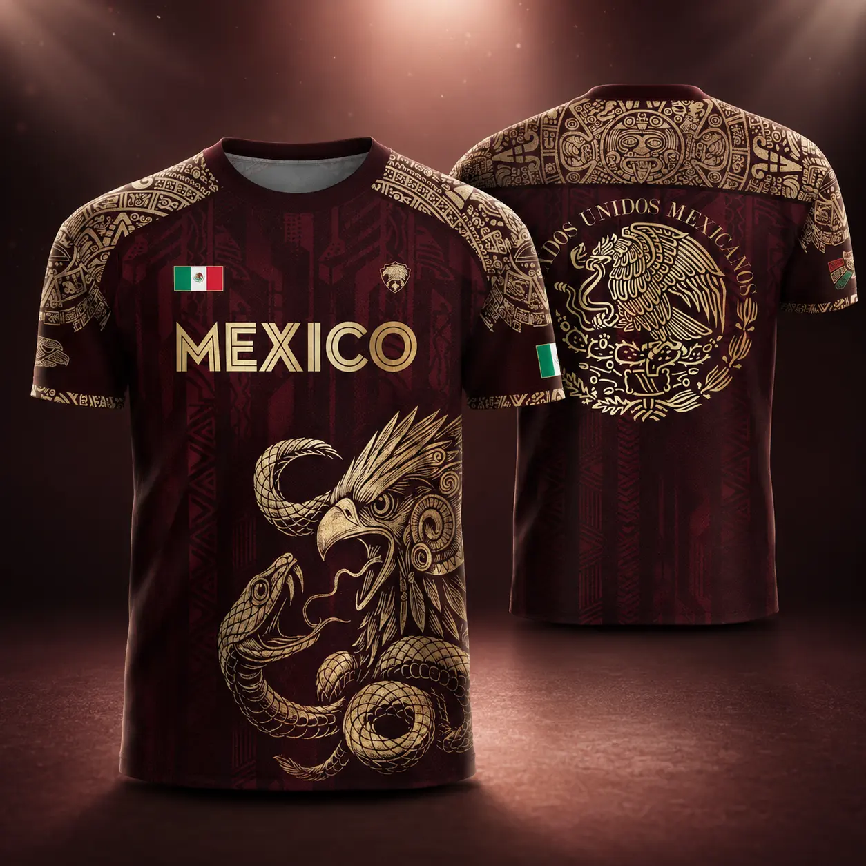 Unisex Mexico Soccer Jersey, a Breathable Short-Sleeve Burgundy & Gold Top with Aztec Eagle Ethnic Pattern for Game Day Watch Parties & Fan Events, Athletic Jersey, Mexico Jerseys, Soccer Jerseys, Watch Party