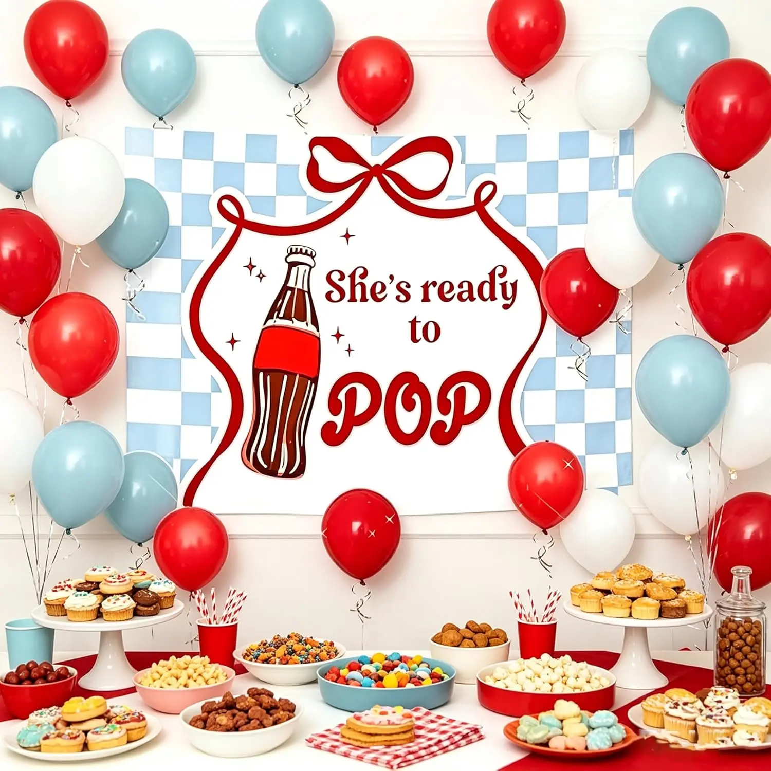 Retro Red Coquette Soda Theme Boy Baby Shower Decorations Set, She's Ready to Pop Banner, Backdrop & Photo Supplies for Gender Reveal Party