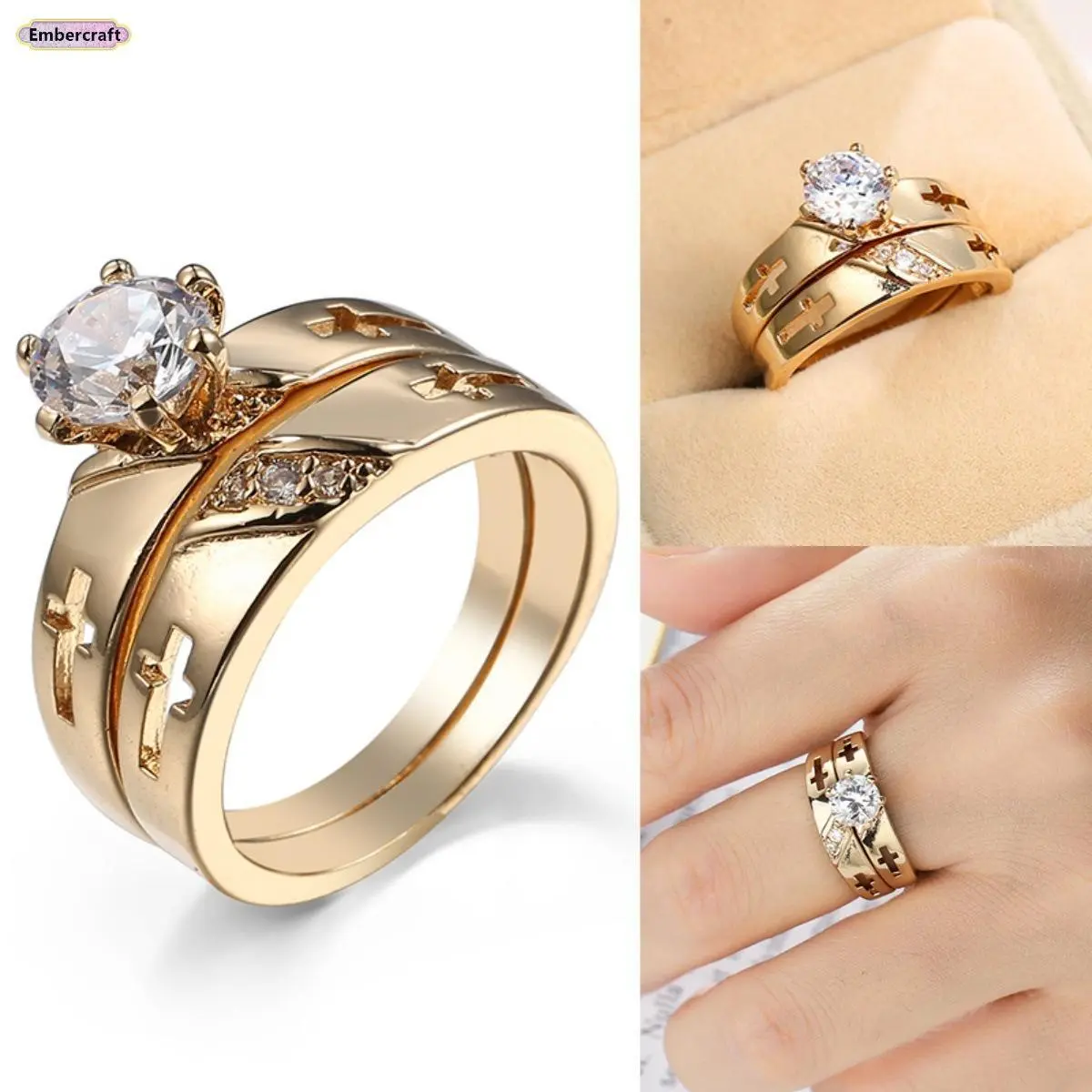 Unisex Minimalist Embercraft Polished Alloy Gold-Plated Cubic Zirconia Cross Ring - Rings for Women, Lightweight, Dainty, Sparkly Faith Jewelry, Meaningful Anniversary Gift for Daily Wear, Gold Rings